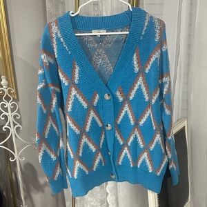 Entro Blue and White Geometric Cardigan